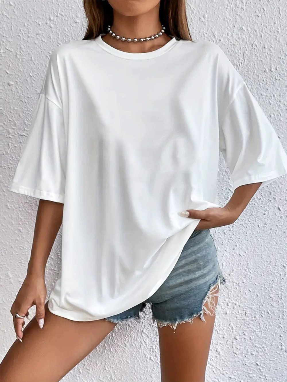 ZARA White Loose Fit Short Sleeve Round Neck Solid Polyester Versatile Tee